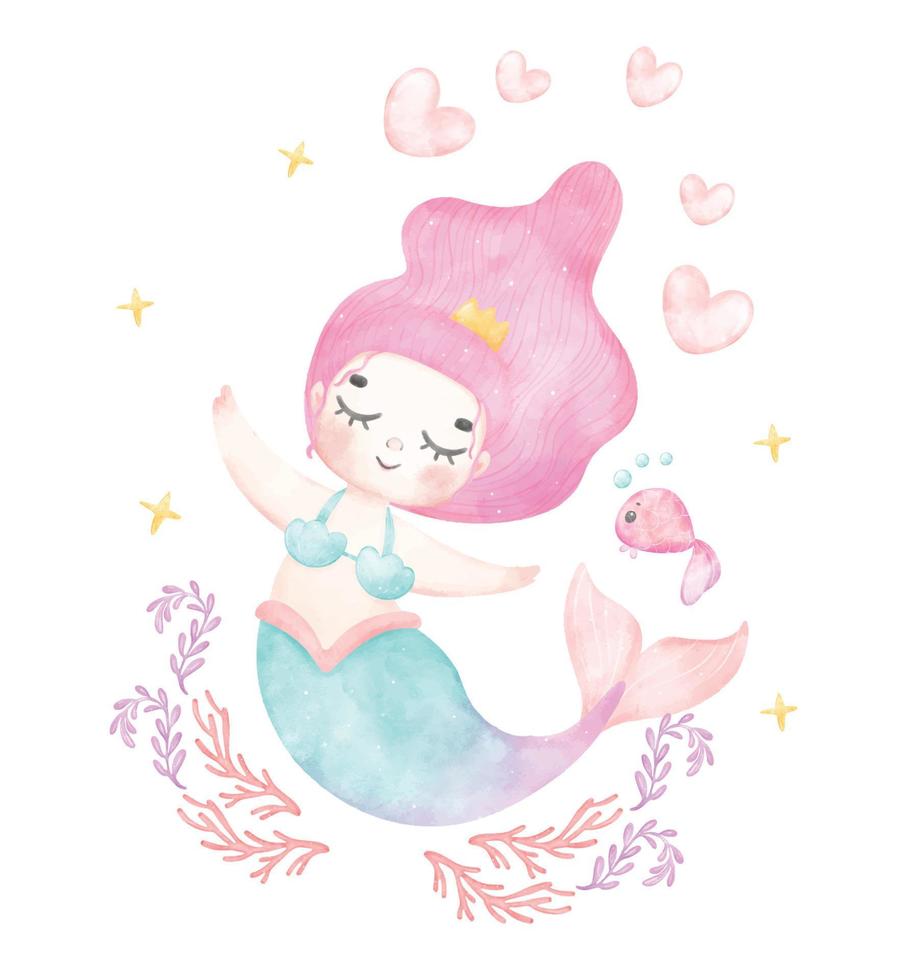 Cute sweet colorful pastel watercolor happy joyful little mermaid purple hair, whimsical adorable children cartoon character hand painting illustration vector