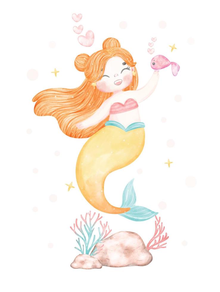 linda dulce vistoso pastel acuarela contento alegre pequeño sirena jengibre naranja cabello, caprichoso adorable niños dibujos animados personaje mano pintura ilustración vector