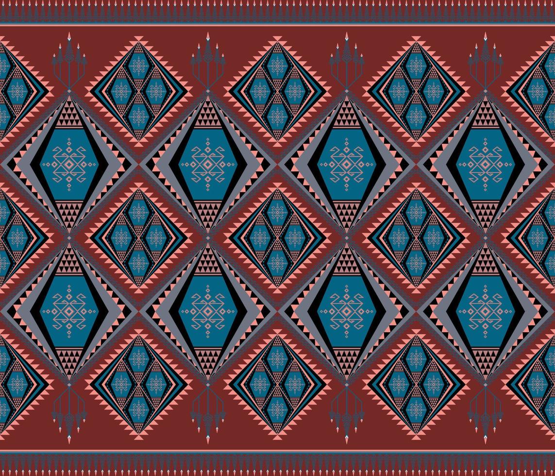 Ethnic folk geometric seamless pattern in red and blue tone in vector illustration design for fabric, mat, carpet, scarf, wrapping paper, tile and more