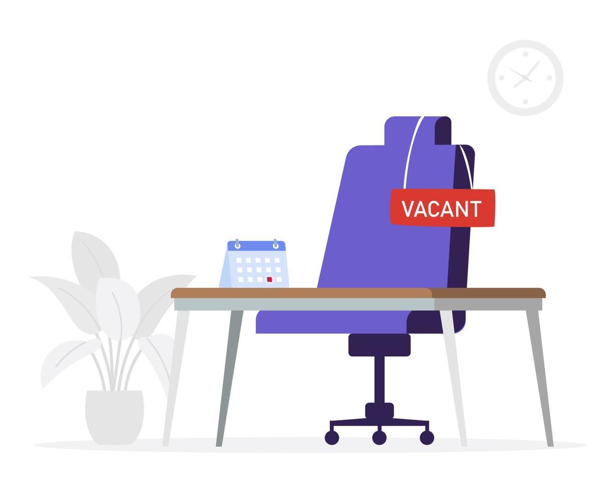 Workplace in the office with an empty chair and a vacancy sign. concept of We're hiring. vector