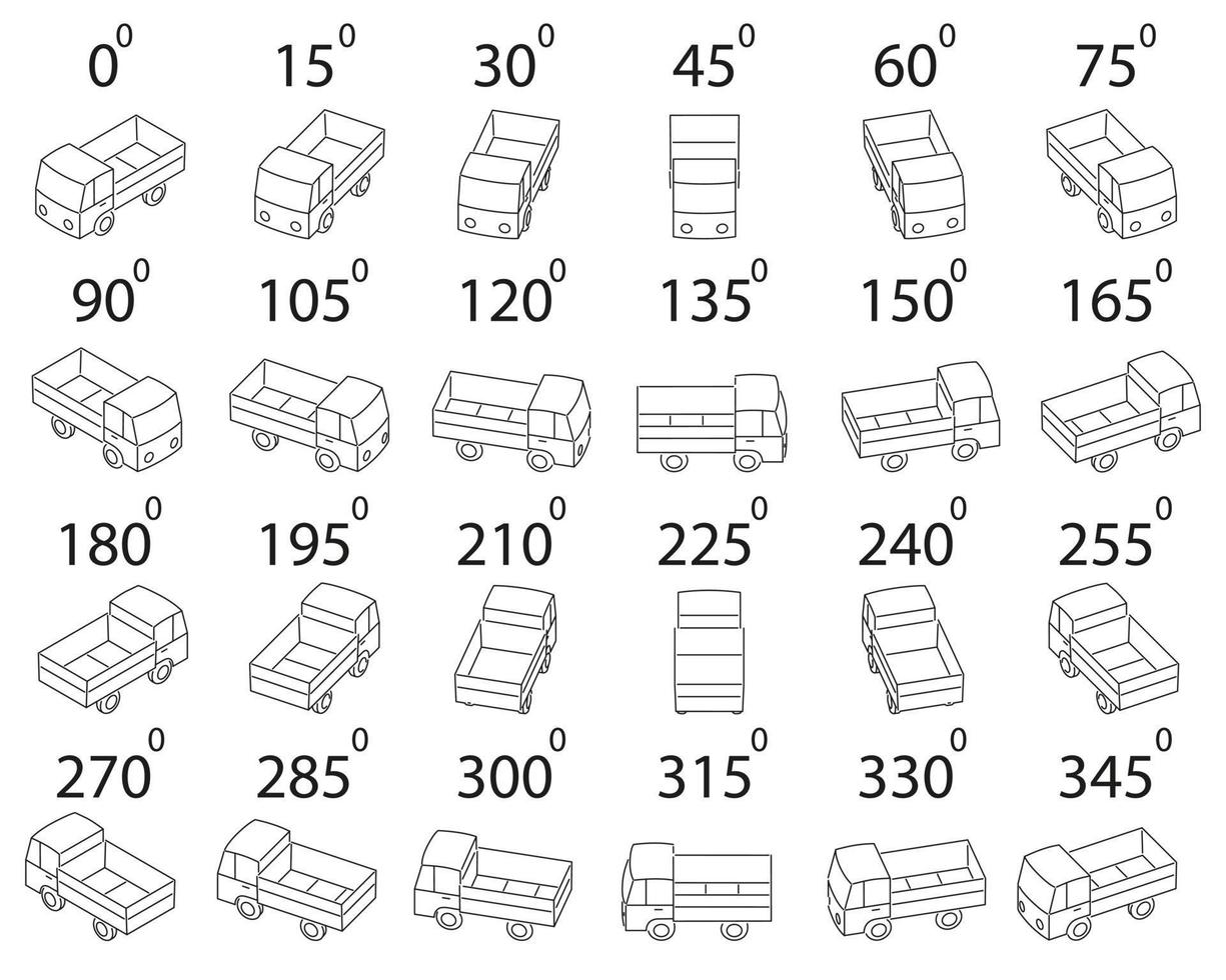 A set of 24 dump trucks from different angles. vector