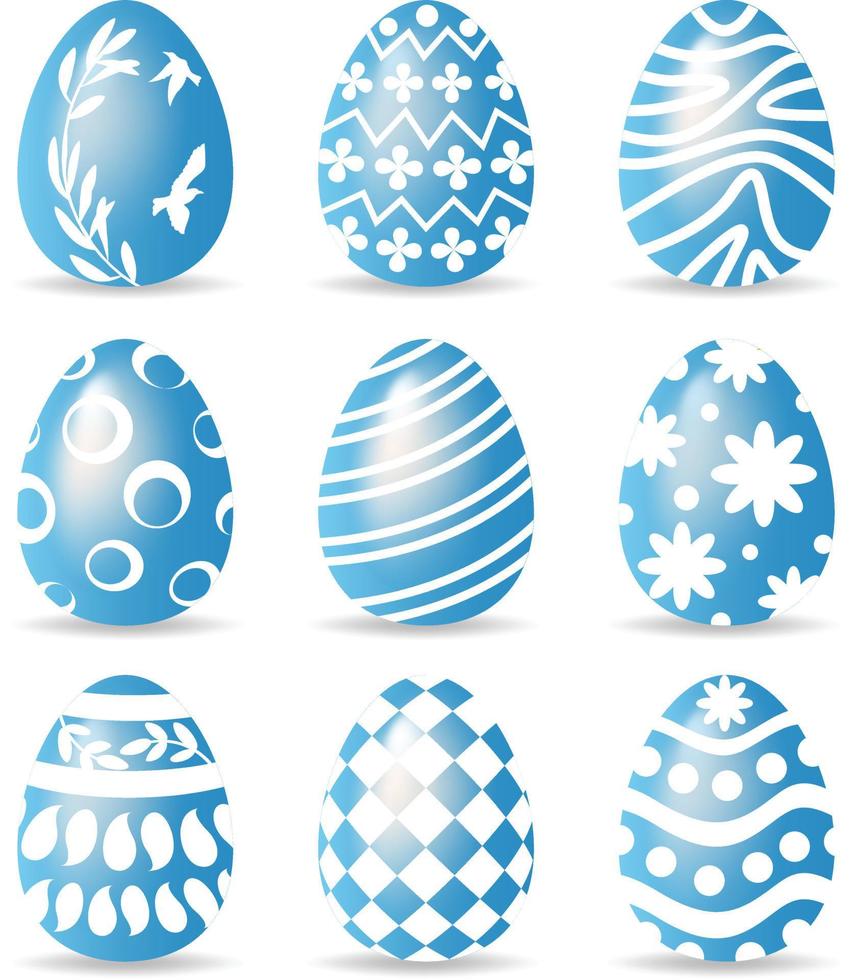 Set of blue easter eggs with the pattern set. Glossy style on white background. Vector illustration.