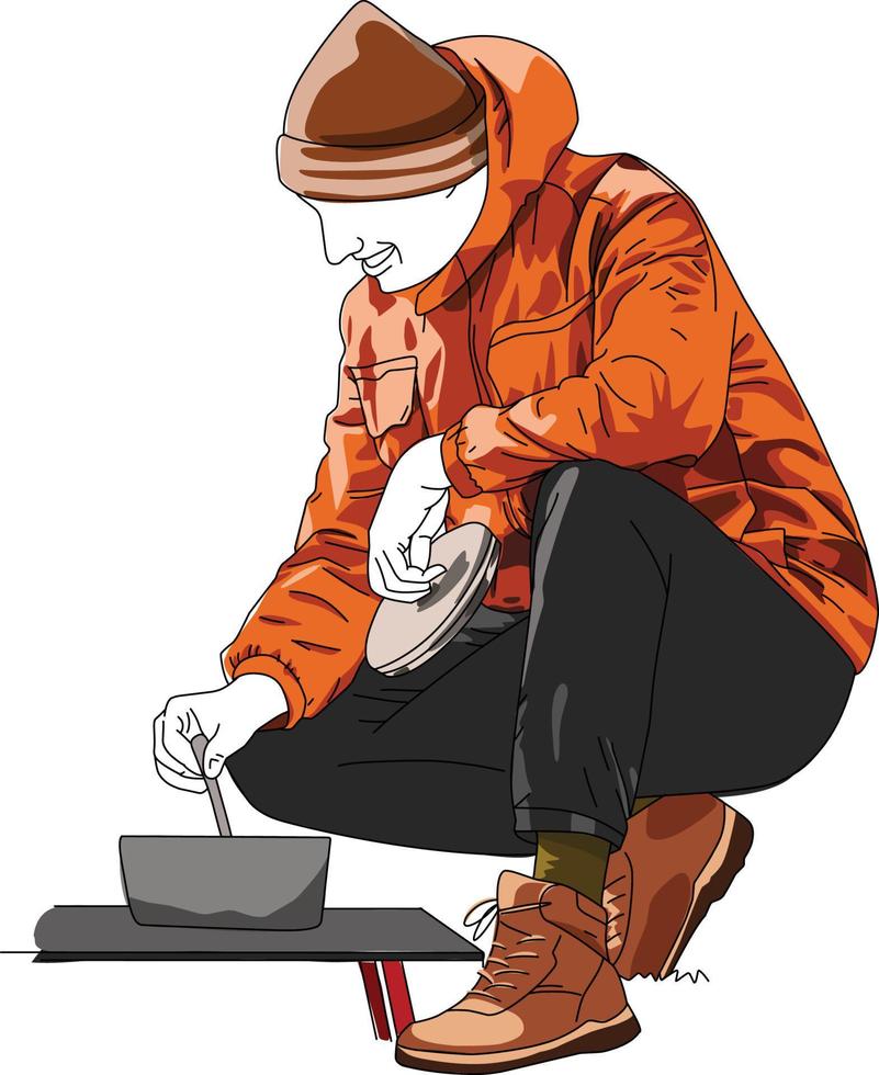 man camping wearing orange jacket vector