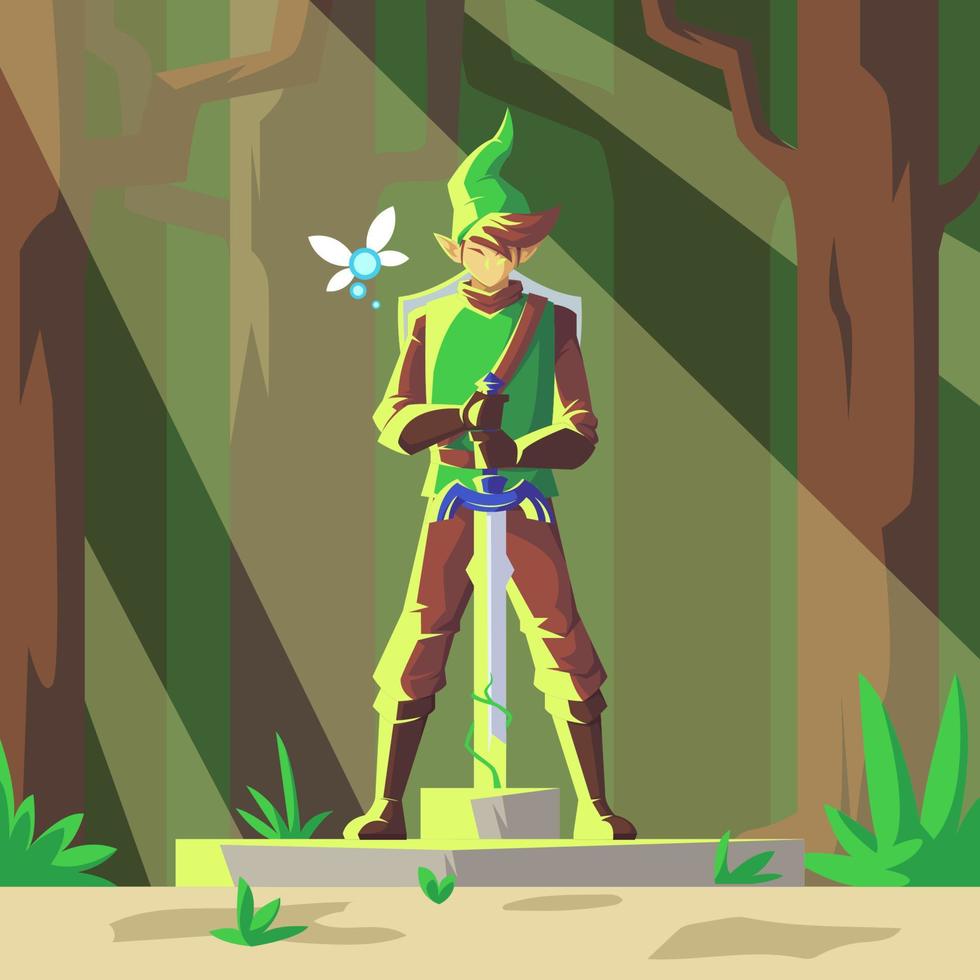 Young Elf-Like Holding Sword in the Woods vector