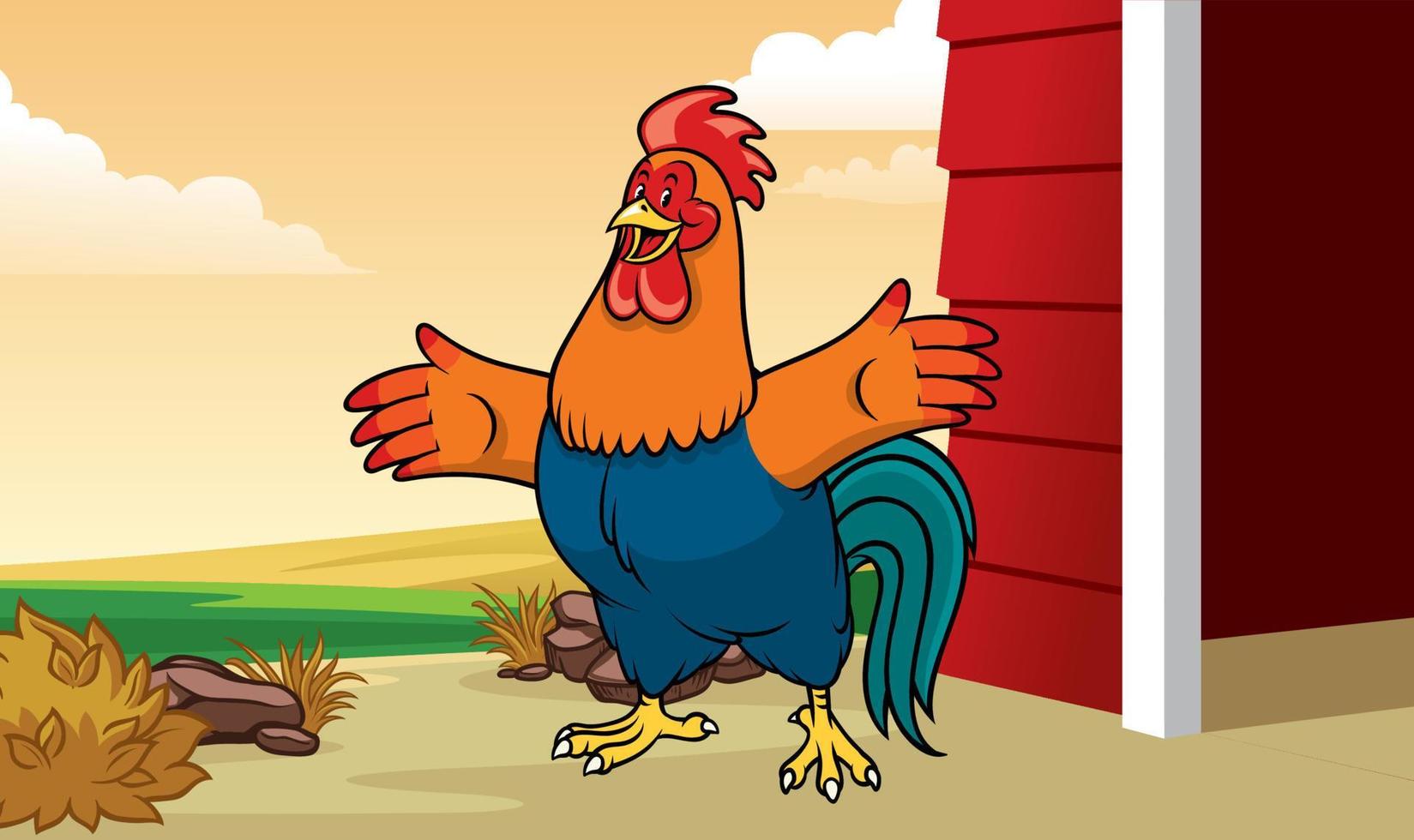 gallo en el granja con dibujos animados estilo vector