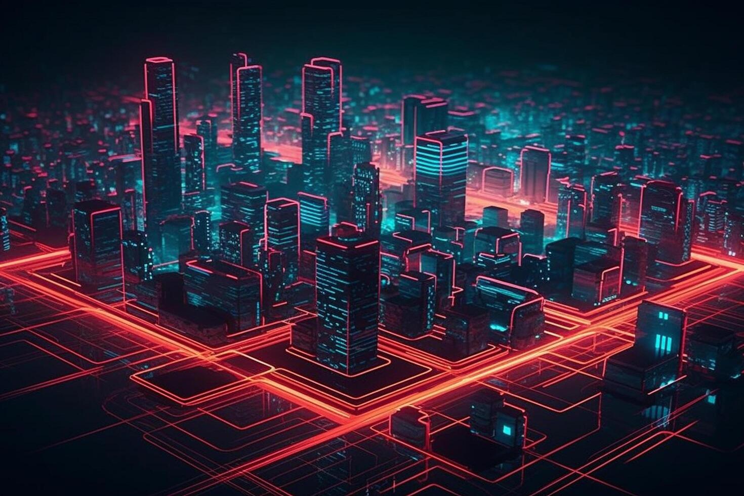 red and blue neon city with geometric shapes and glowing lights, photo