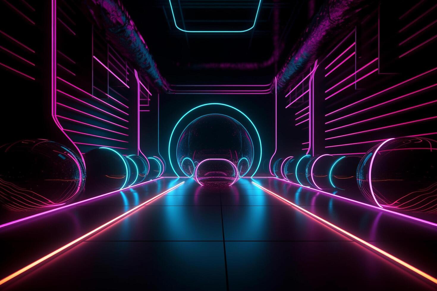 pink and blue neon lines radiating a luminous glow in the ultraviolet spectrum. The cyber space and laser show elements create a dynamic and futuristic ambiance, photo