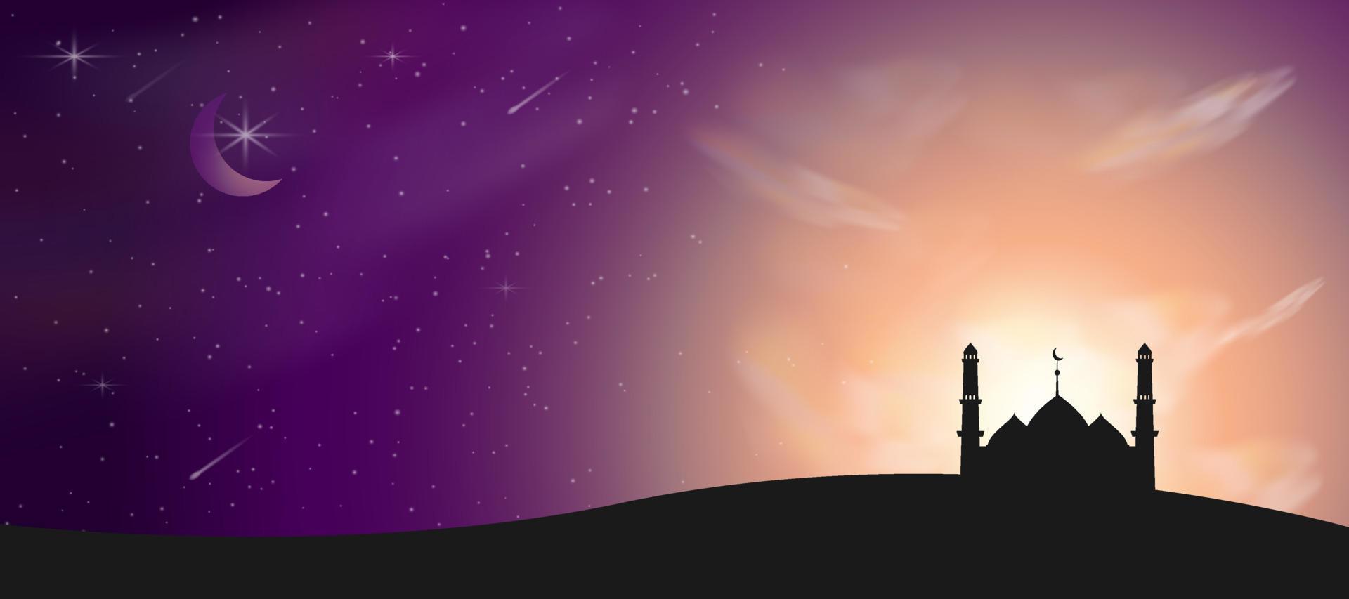 eid Mubarak Ramadán kareem paisaje tradicional islámico bandera modelo antecedentes. realista noche Desierto paisaje con estrellado cielo, creciente nubes y silueta de mezquita. musulmán fiesta concepto vector