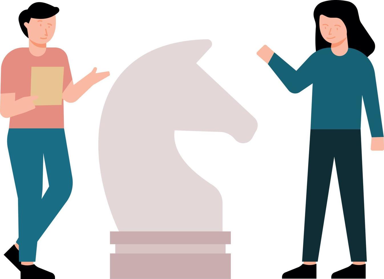 Boy and girl standing next to a chess horse. vector