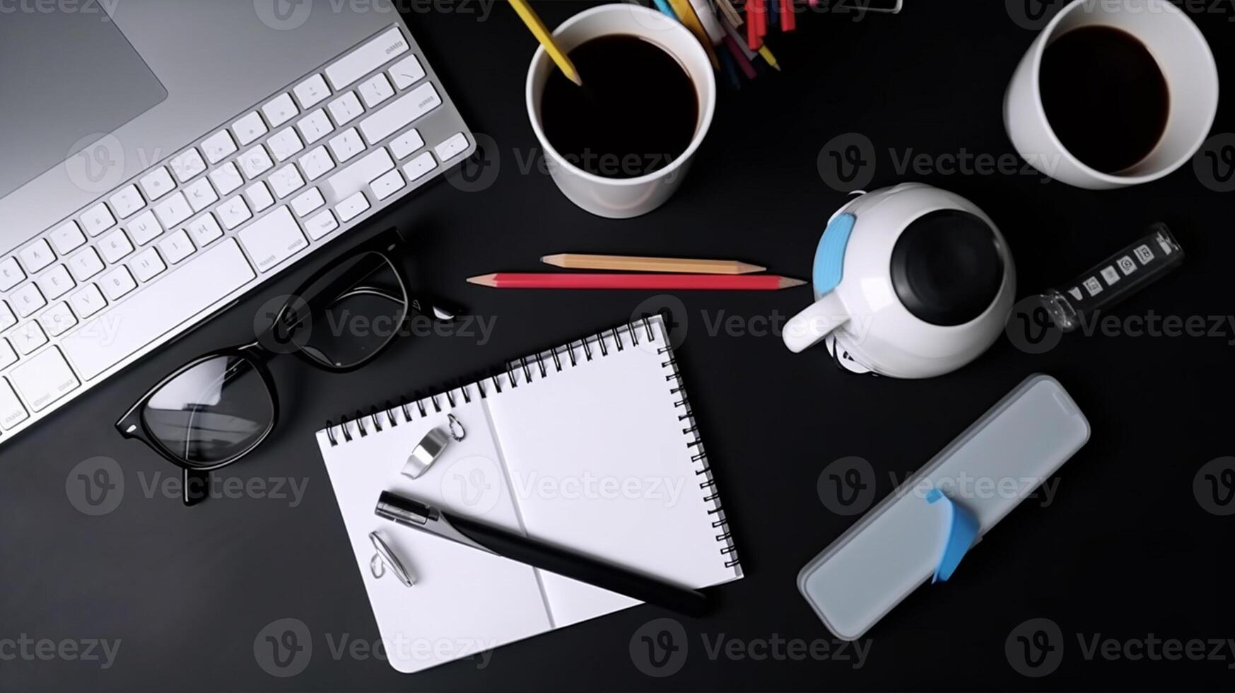 Top view of open notepad with gadgets and laptop with a cup of coffee, business workplace background- photo