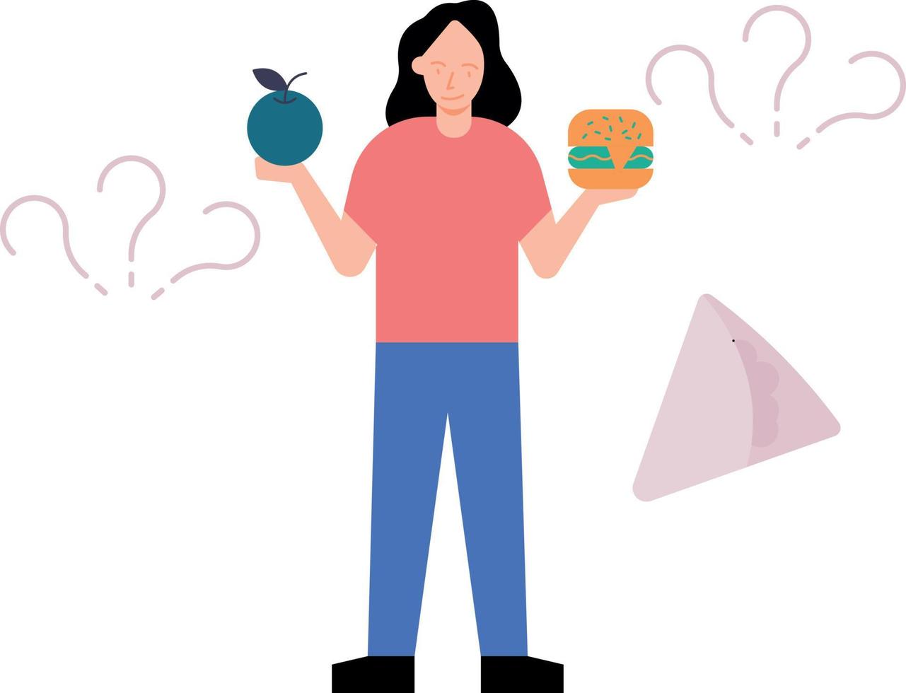 The girl is confused about food. vector