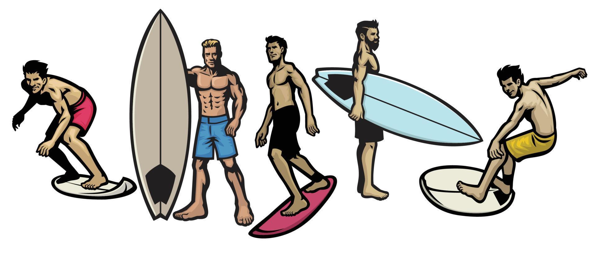 conjunto de personas surf en varios actitud vector