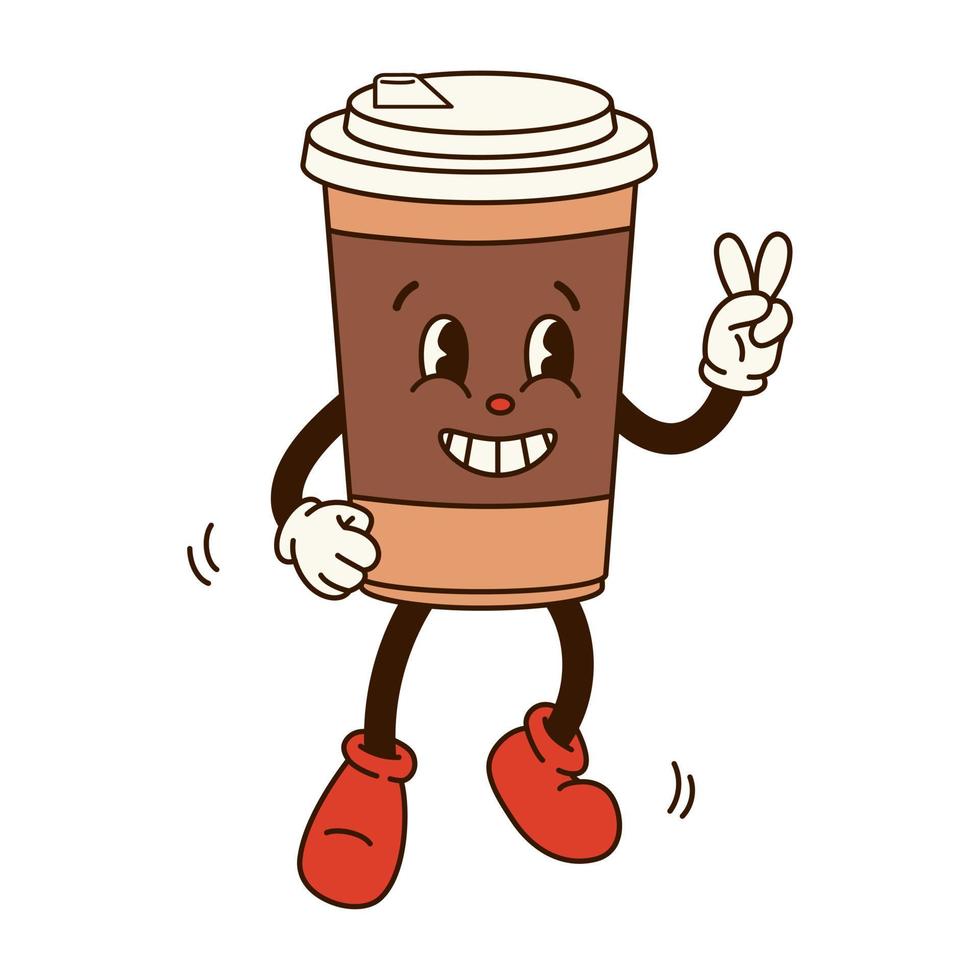 Groovy retro cartoon coffee character. Jumping coffee to go with eyes and gloved hands. Isolated flat illustration in style 60s 70s vector
