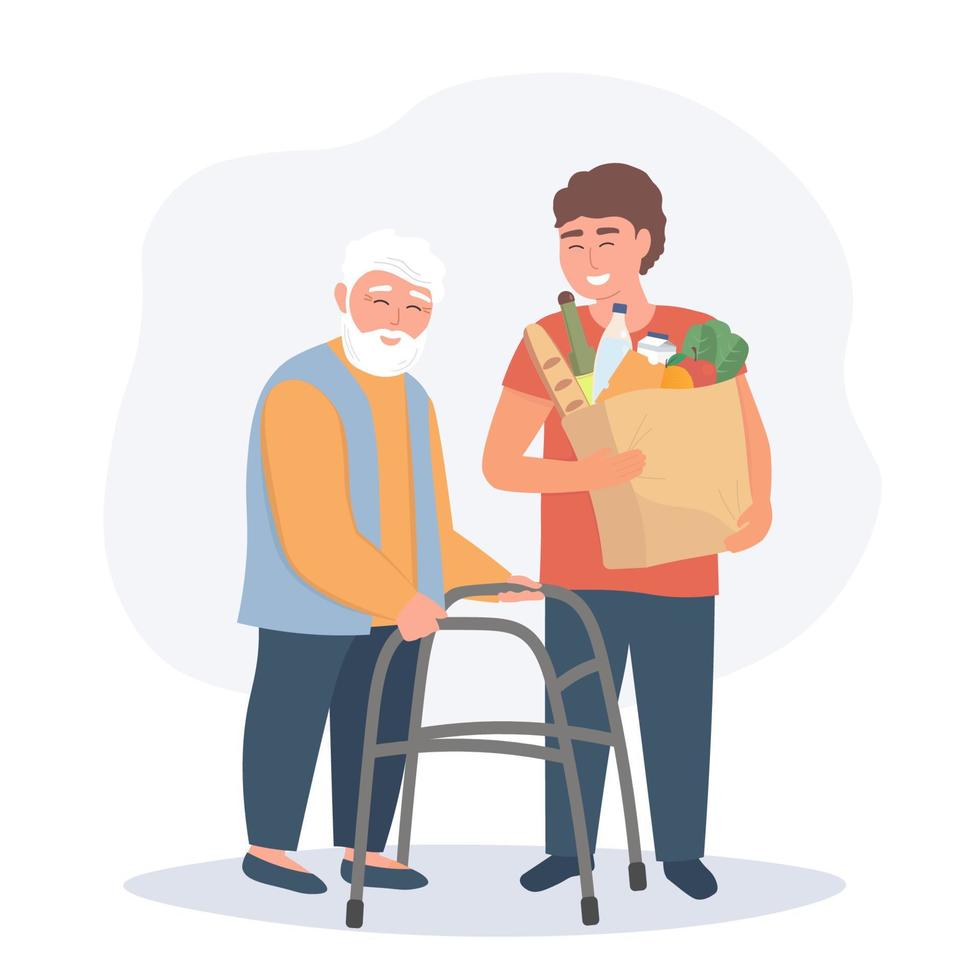 A Volunteer Helps An Elderly Person Carry Groceries Vector Graphics a-volunteer-helps-an-elderly-person-carry-groceries-vector-graphics