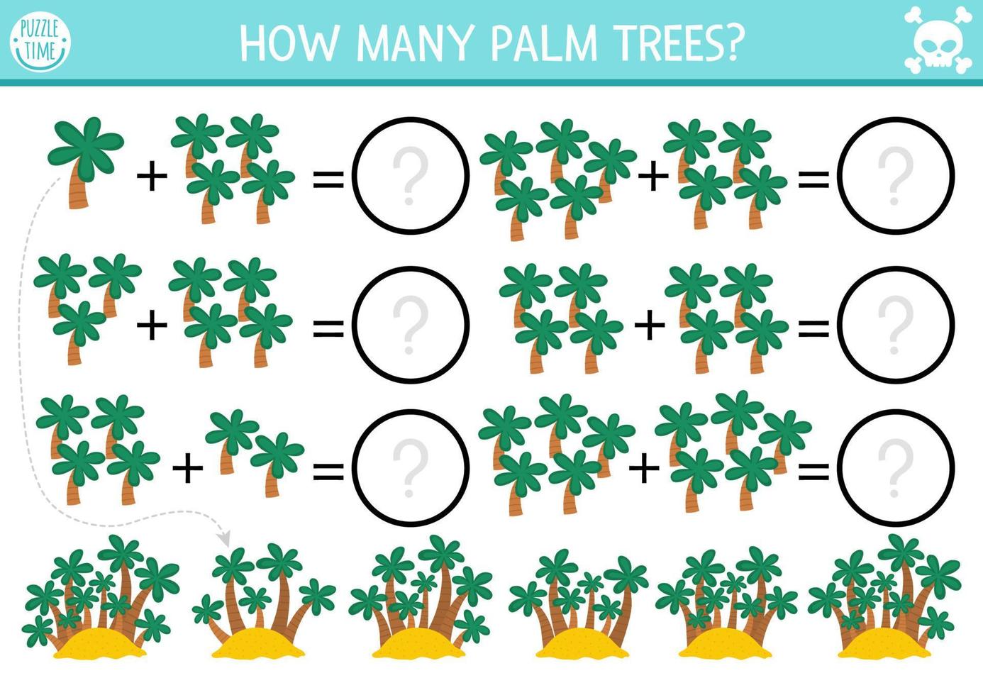 How many palm trees game. Tropical island math addition activity for preschool children. Simple summer printable counting worksheet for kids with jungle greenery vector