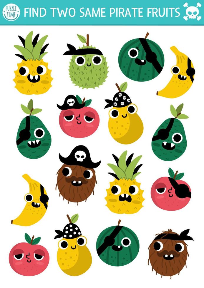 Find two same pirate fruits. Treasure island matching activity for children. Sea adventures educational quiz worksheet for kids for attention skills. Simple printable game with cute banana, apple vector