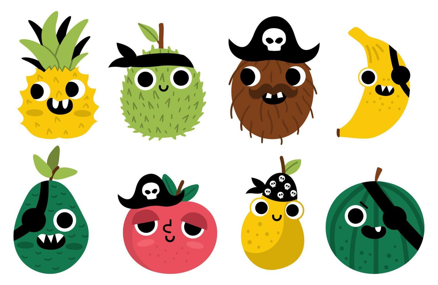 Vector funny kawaii fruit icons set. Pirate fruits illustration. Comic plants with eyes, pirate hat, eye patch, and mouth. Healthy summer food collection with banana, apple, pineapple