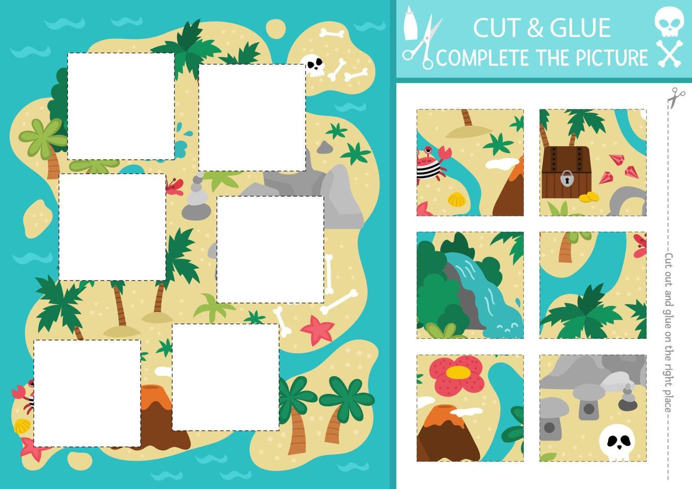 Vector pirate cut and glue activity. Crafting game with cute treasure island map. Fun sea adventures printable worksheet for children. Find the right piece of the puzzle. Complete the picture