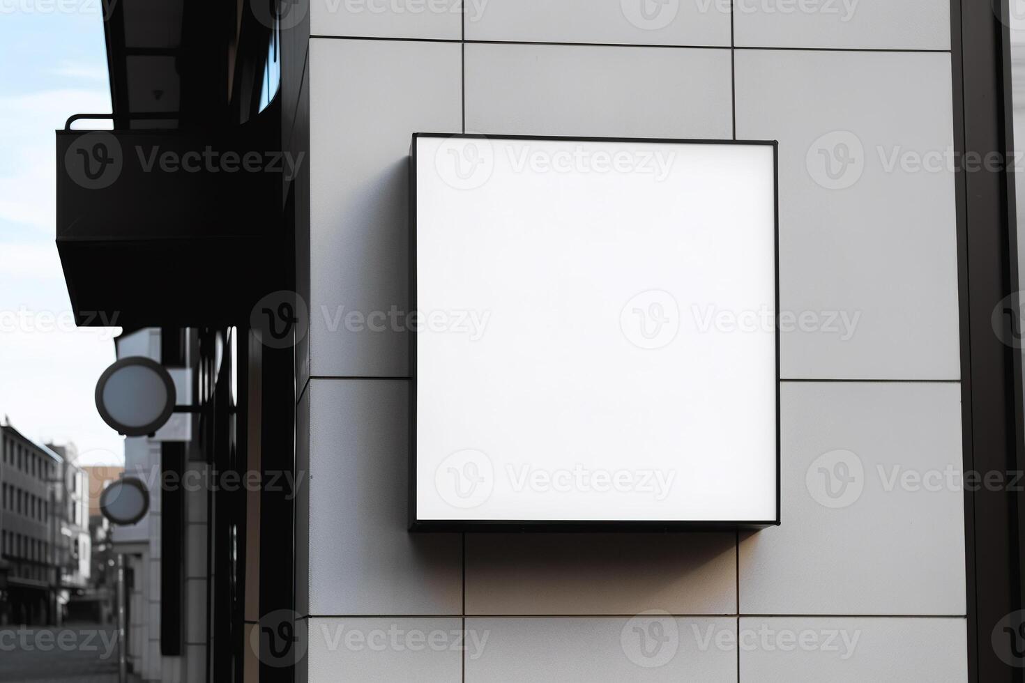 Blank white minimal square shop signboard mockup for advertising panel. photo