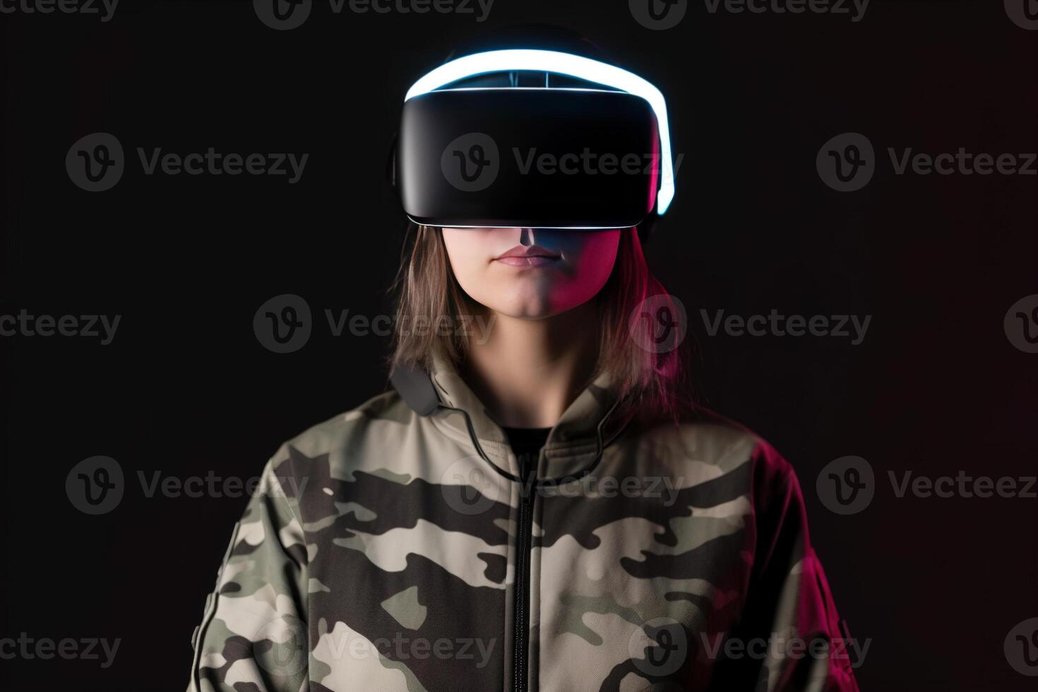 a woman wearing a virtual reality headset photo