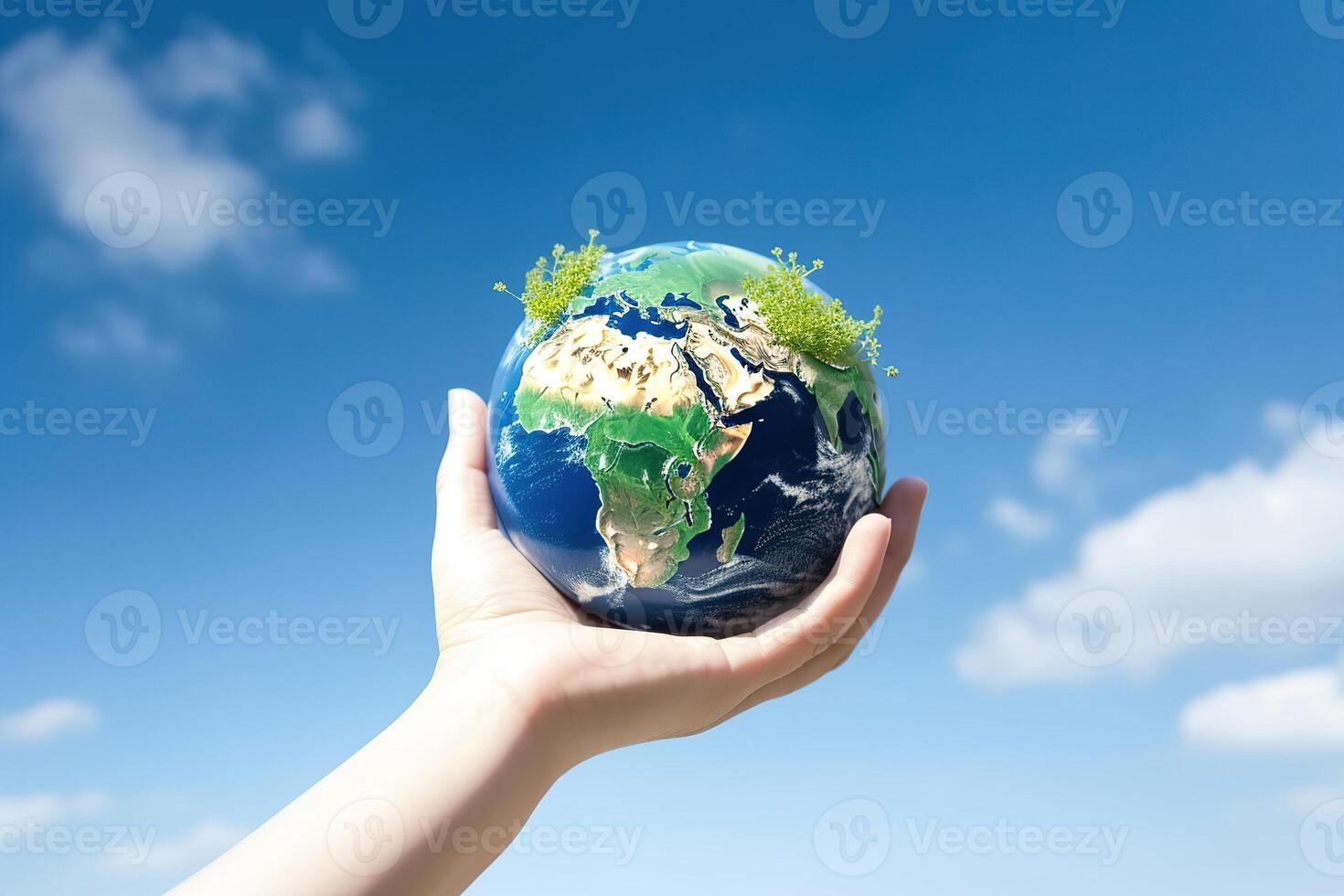 Hand holding green earth isolated on blue sky background, mother earth day illustration. photo