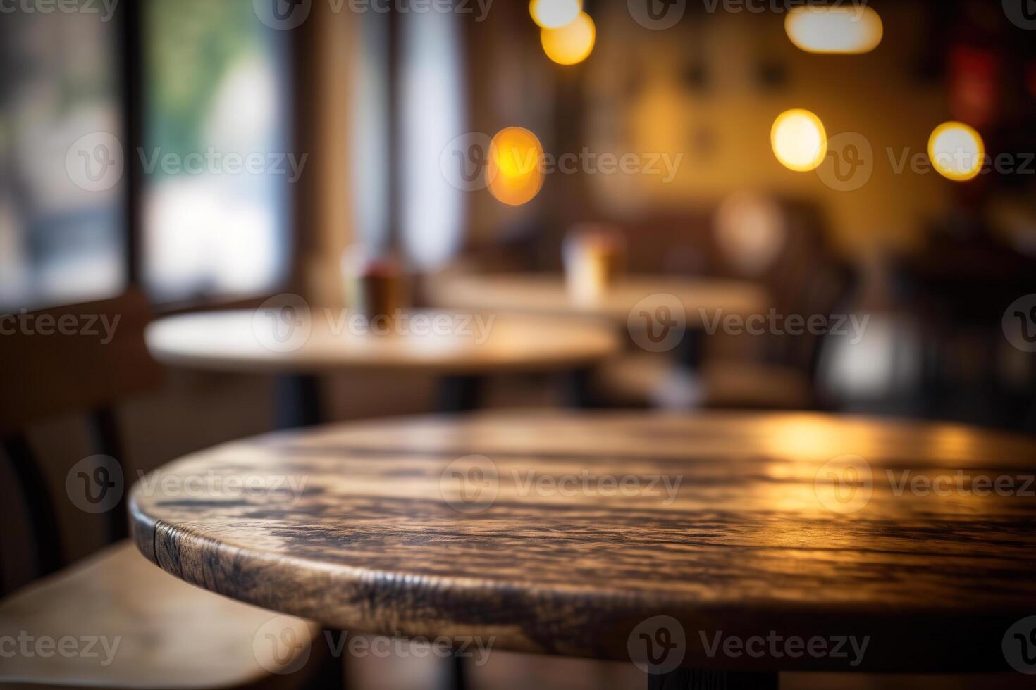 de madera mesa en frente de resumen borroso café tienda antecedentes. ai generado foto