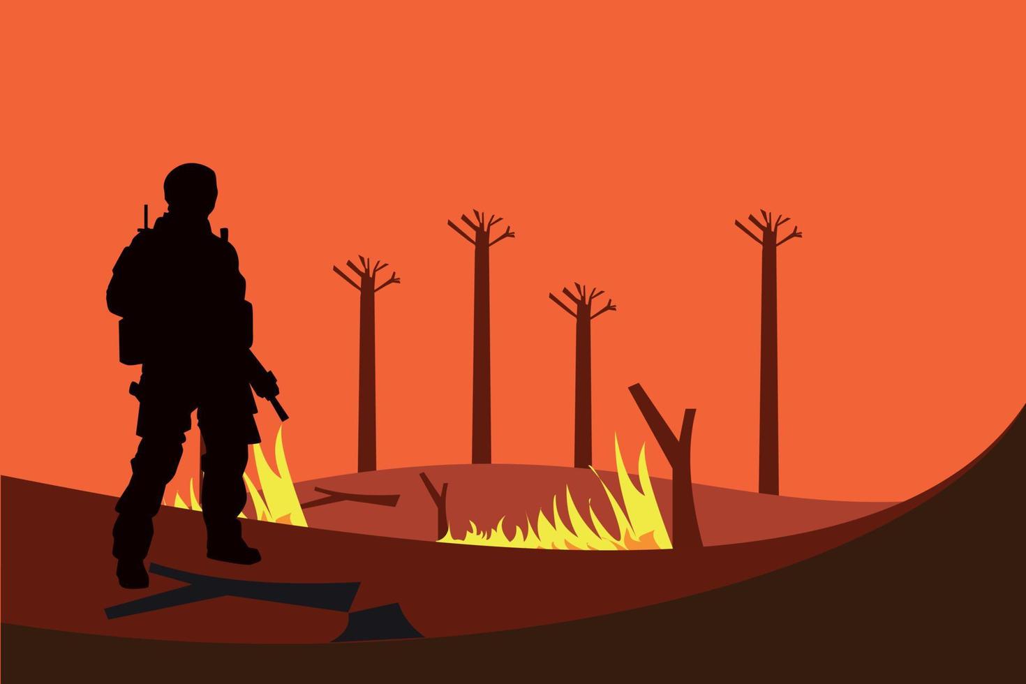 The soldier looks at the fire. vector