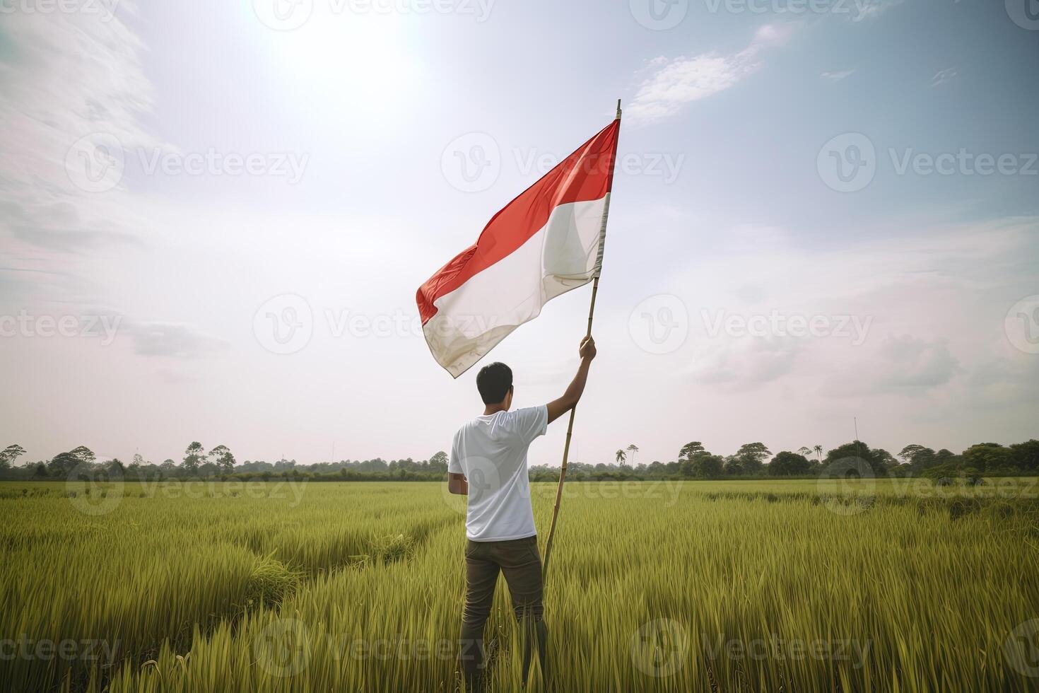 A man holding a red and white Indonesia flag on top of a lush green rice field. photo