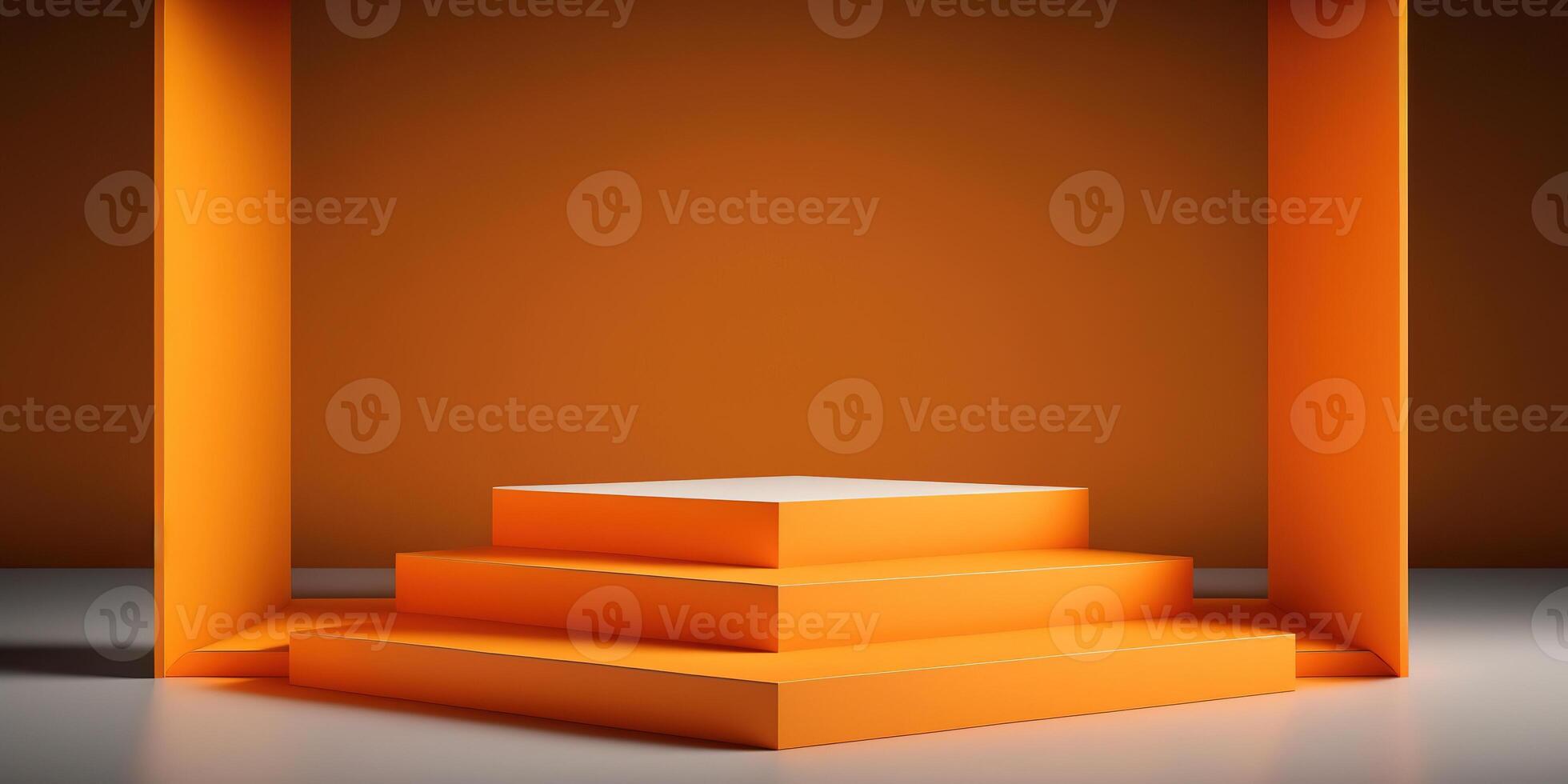 Realistic 3D orange theme podium for product display. photo