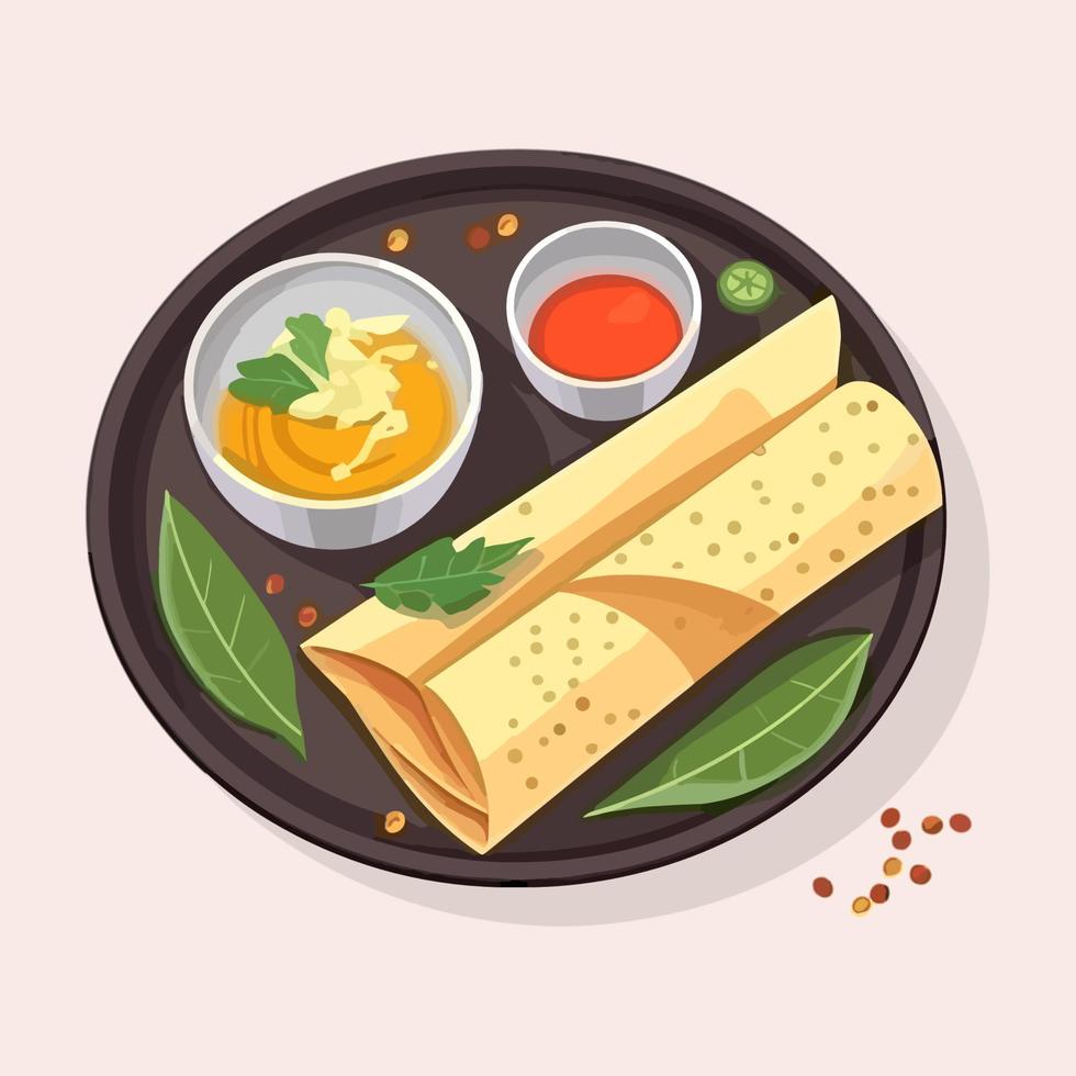 condimento dosa, indio tradicional comida con sambhar decorado en plato vector