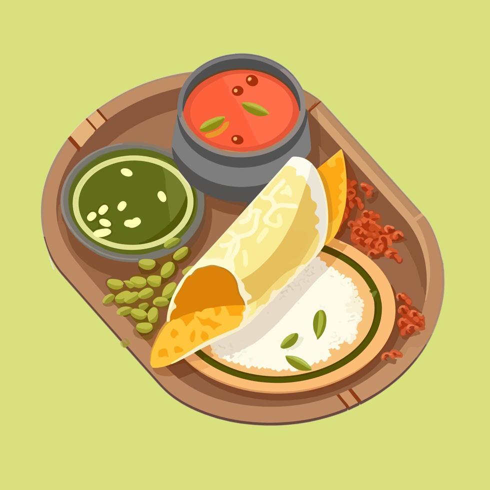 Masala Dosa illustration with sambhar and green chutney vector