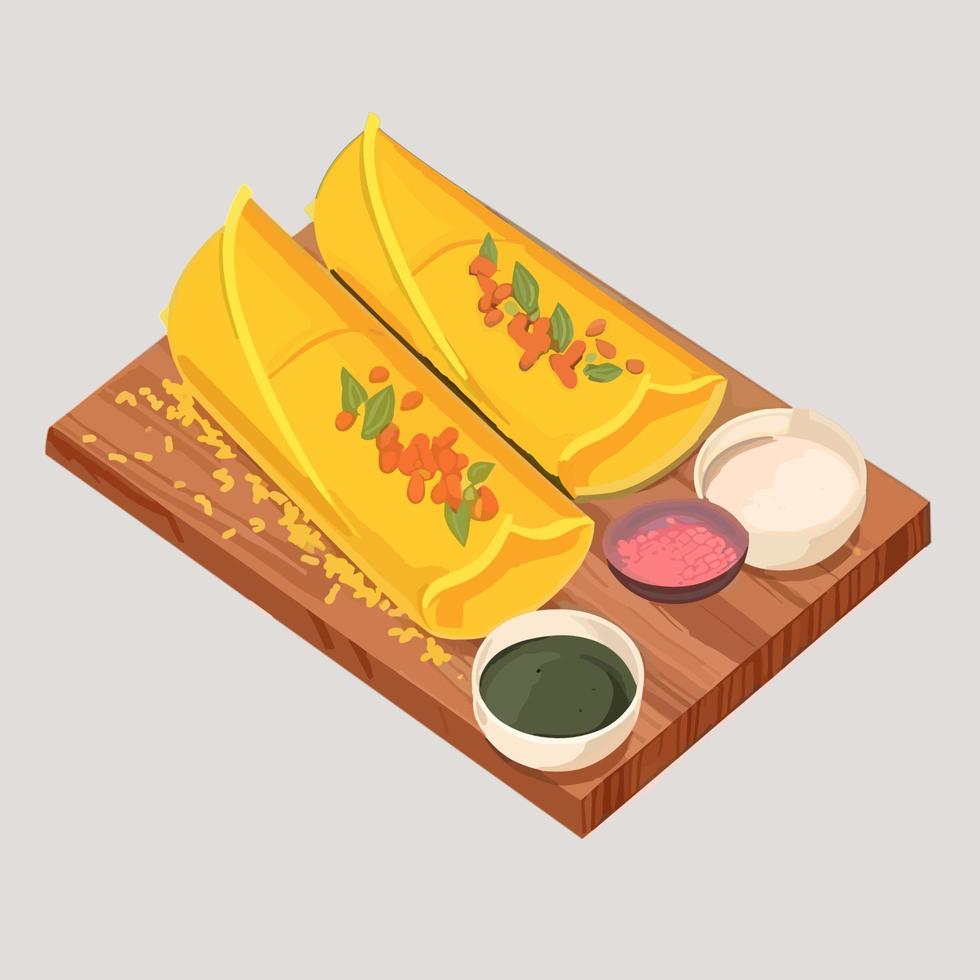 Masala Dosa, Indian traditional food with sambhar and coconut chutney vector