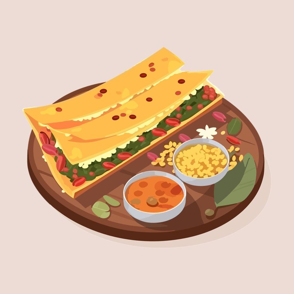 Masala Dosa with sambhar illustration, Indian food vector