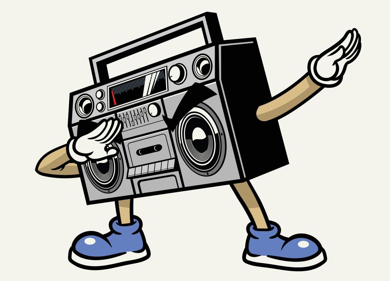 retro boombox estéreo cinta mascota personaje frotando actitud vector