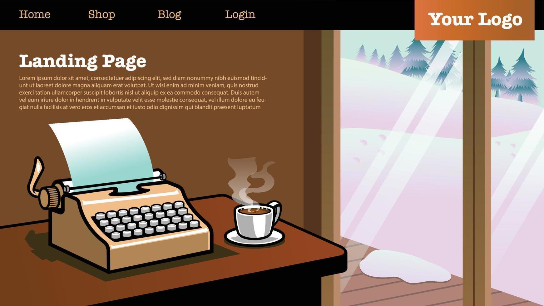landing page with illustration of type writing machine in the house vector