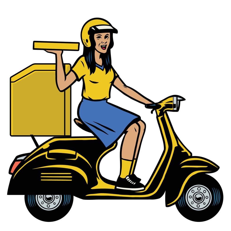 delivery courier lady riding the old scooter vector