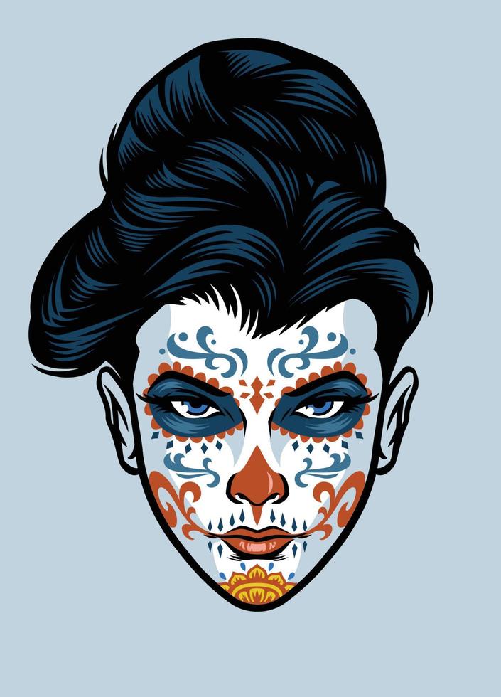 women head wearing sugar skull face make up vector