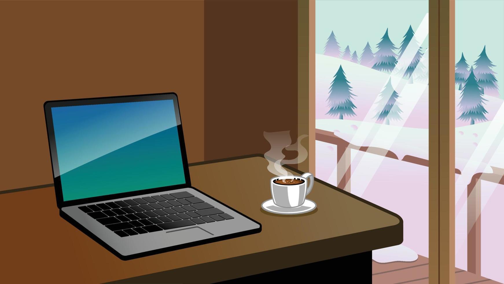 working desk with laptop and coffee beside the nature winter landscape view vector