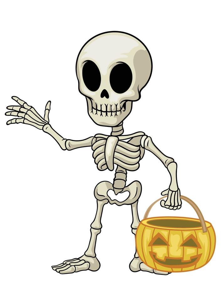 esqueleto dibujos animados mascota sostener el Víspera de Todos los Santos calabaza vector
