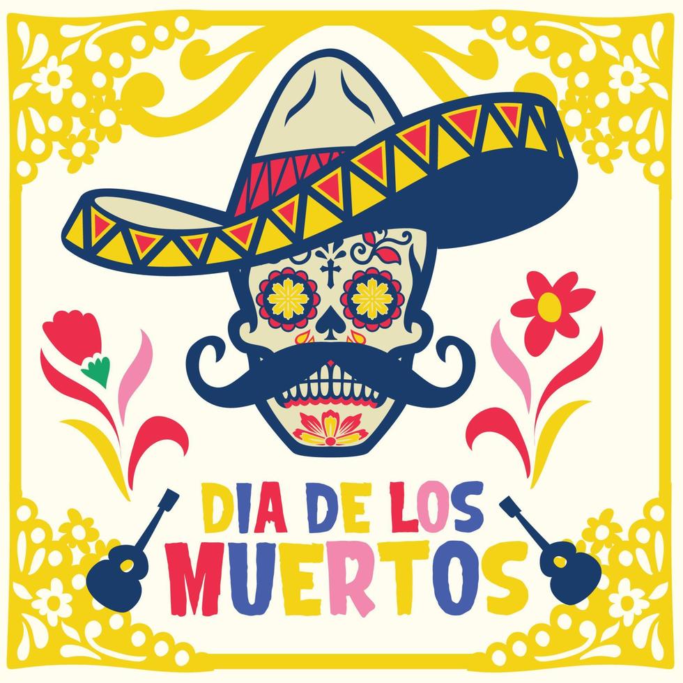 dia de los muertos design with sugar skull wearing mexican sombrero vector