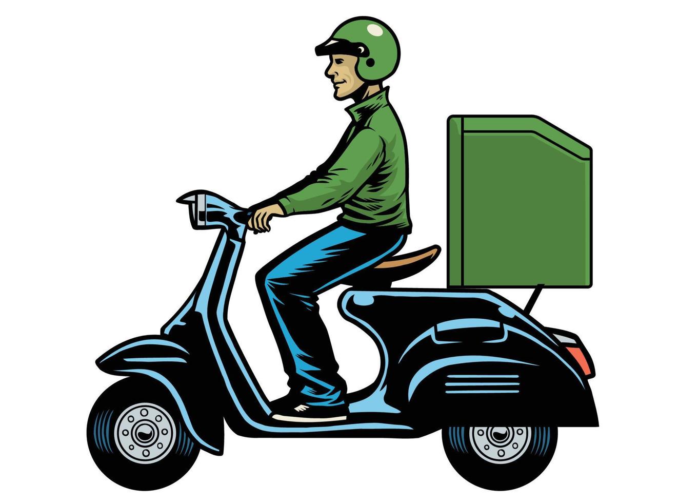 entrega hombre mensajero montando antiguo scooter vector