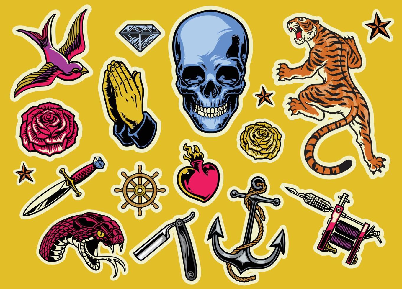 set of colorful tattoo flash vector