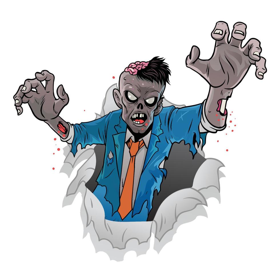 cartoon zombie of halloween coming out of the broken paper vector