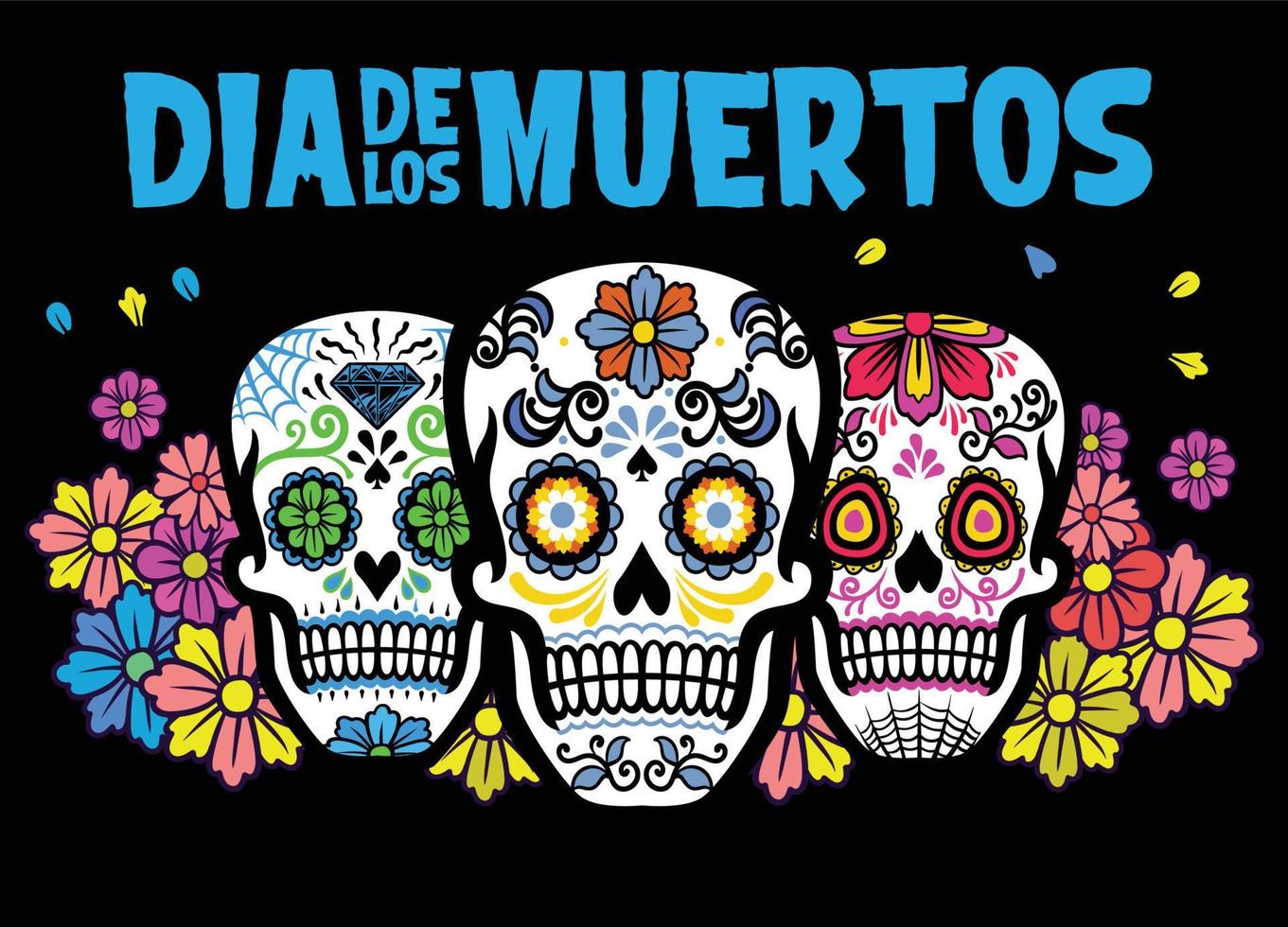 dia Delaware los muertos diseño con Tres azúcar cráneo vector