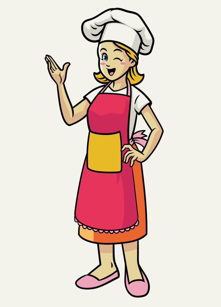 happy cheerful female chef wearing apron vector
