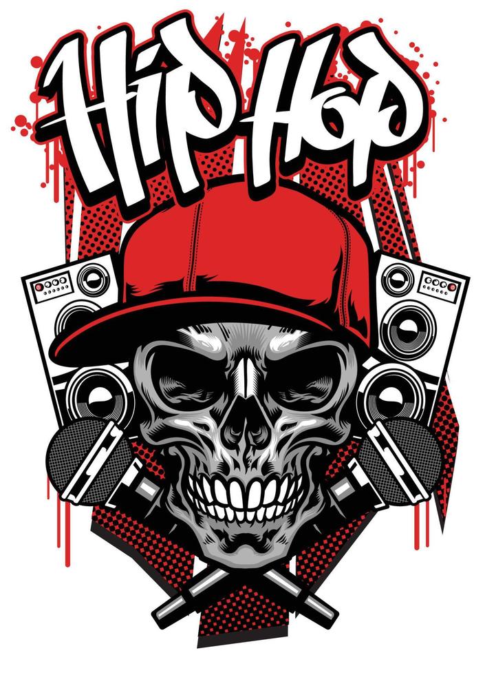 hip hop t shirt design with skull wearing cap vector