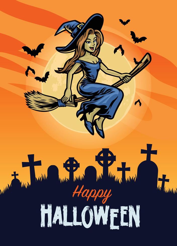 halloween design with cute witch riding flying broom vector