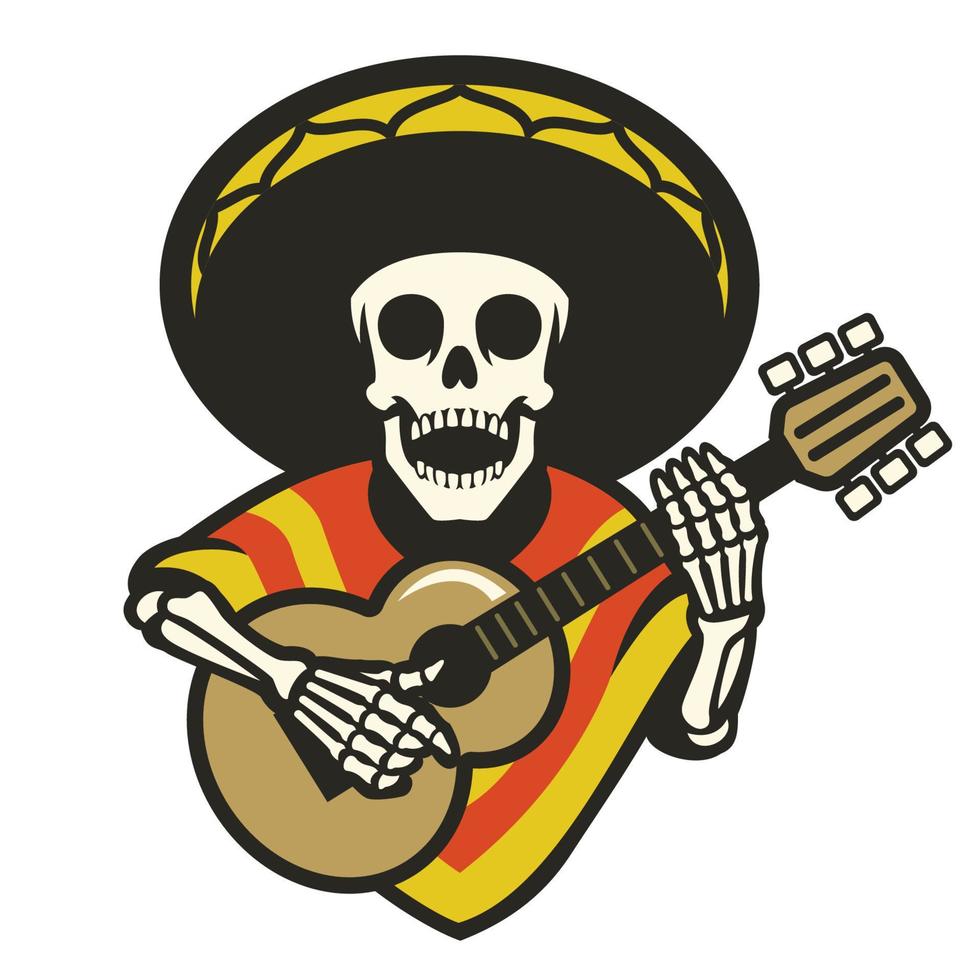 skull wearing sombrero playing guitar vector