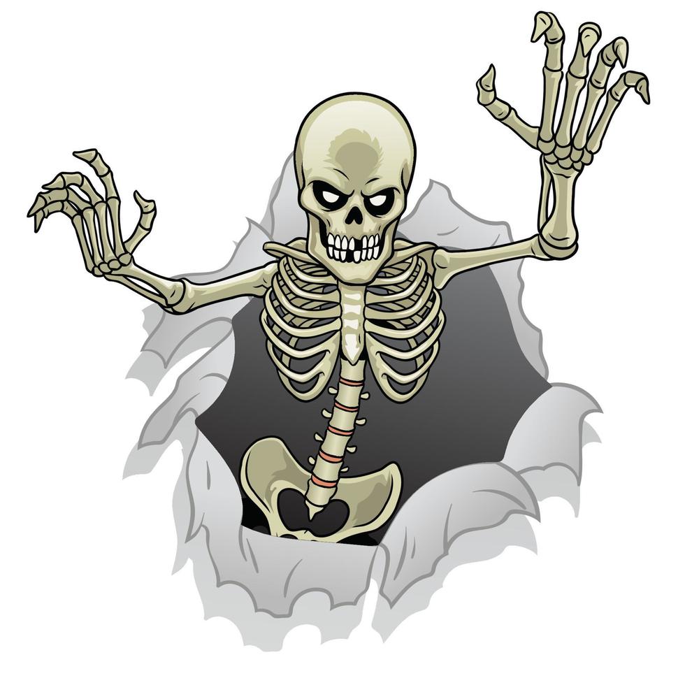 cartoon skeleton character out from the broken paper hole vector