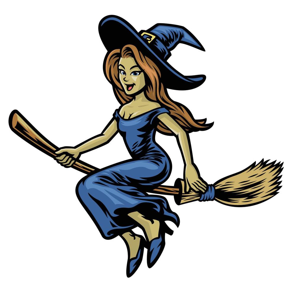 cute beautiful witch riding her flying broom vector